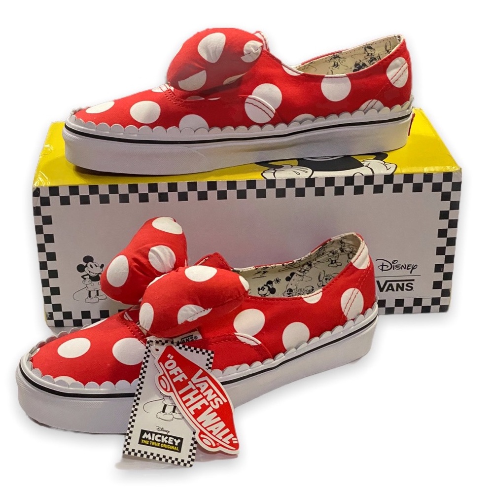 NWT Vans x Disney Minnie Mouse Red Polka Dot Puffy Bow Slip On Sneakers Size 9 - Picture 3 of 11